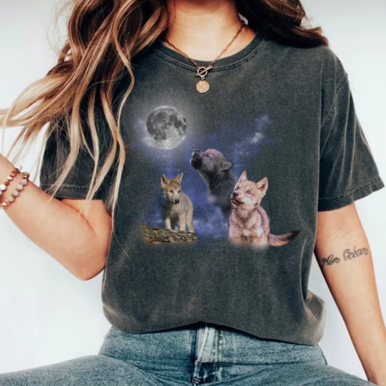Vintage Baby Wolf 90s Graphic Shirt, Cute Wolf Moon Tee, Nostalgia ...