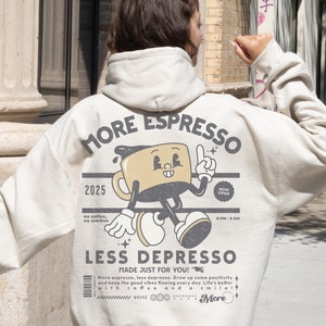 Mais Espresso Menos Depresso Hoodie – Moletom engraçado retrô com café, presente aconchegante para amantes de café, esposa, melhor amiga ou namorada