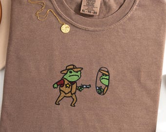 Embroidered Comfort Colors® Funny Cowboy Frog Shirt, Hand-Drawn Western T-Shirt, Vintage Retro Tee, Unique Gift Idea, Unisex Plus Size S-4XL