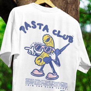 Pasta Club-T-shirt, handgetekende cartoon grafisch T-shirt, retro jaren 90 foodie grafisch shirt, uniseks casual cadeau voor pastaliefhebbers Comfort Colors® Food
