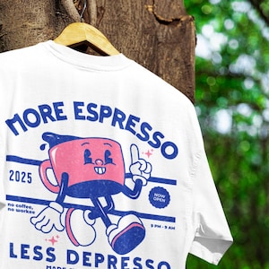 Comfort Colors® T-shirt More Espresso Less Depresso - Retro cartoon koffie-T-shirt voor bewustzijn van geestelijke gezondheid en baristacadeau voor koffieliefhebbers