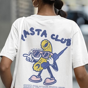 Pasta Club-T-shirt, handgetekende cartoon grafisch T-shirt, retro jaren 90 foodie grafisch shirt, uniseks casual cadeau voor pastaliefhebbers Comfort Colors® Food