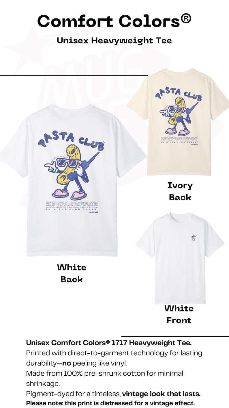 Product info and image showing the full design of the hand-drawn pasta graphic tee, highlighting both front and back print. Soft Comfort Colors® fabric, perfect for casual wear and foodie style.