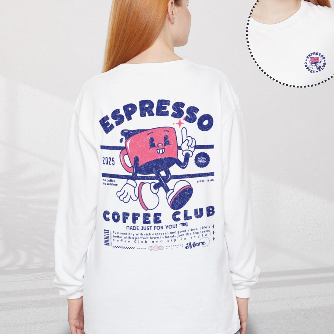 Comfort Colors® Espresso Coffee Long Sleeve T-shirt, Retro Cartoon