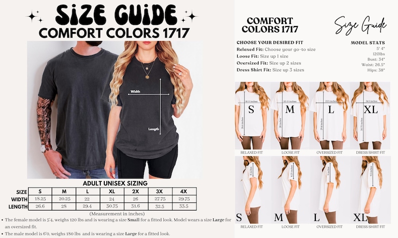 May include: Size guide for unisex t-shirts in various sizes, from small to 4XL. The chart shows width and length measurements in inches. The guide also includes information about different fits, such as relaxed, loose, oversized, and dress shirt fit.