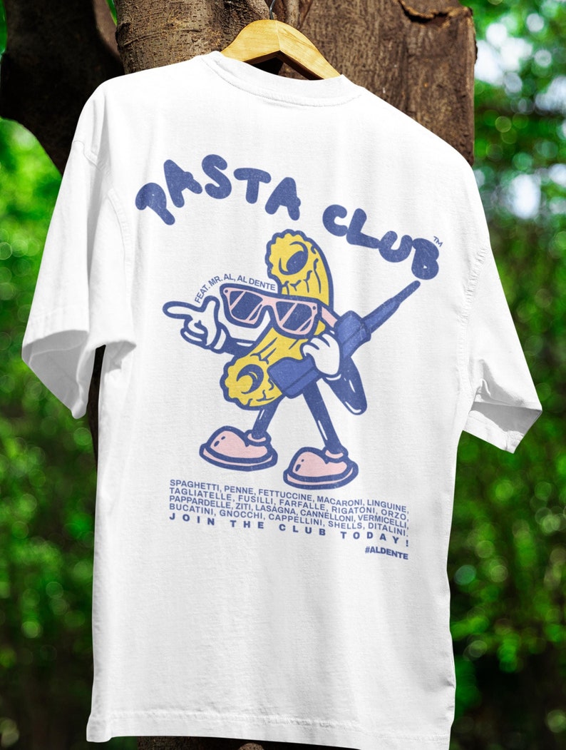 T-shirt hanging showing back print of hand-drawn pasta cartoon with 80s cellphone and sunglasses, looking like a cool thug vibe, retro design, fun quirky graphic. Comfort Colors® tee, perfect for pasta lovers.