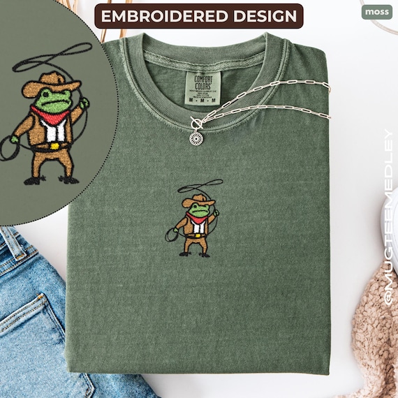 Embroidered Frog Shirt Western Comfort Colors® Tee, Cowboy Graphic T-Shirt, Hand Drawn Design
