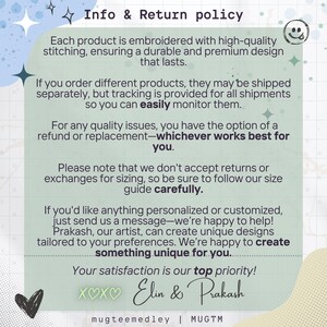 May include: A light green information graphic with the text "Info & Return policy". The text describes product quality, shipping, returns, and customization options. The graphic includes the names "Elin & Prakash" and the brand name "mugteemedley".