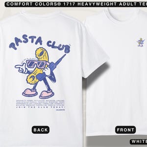 Flat lay of the white pasta graphic tee showing the back print and the small chest print. The hand-drawn pasta design features a quirky thug vibe, with retro 80s cellphone and sunglasses. Perfect for foodies and casual style lovers.