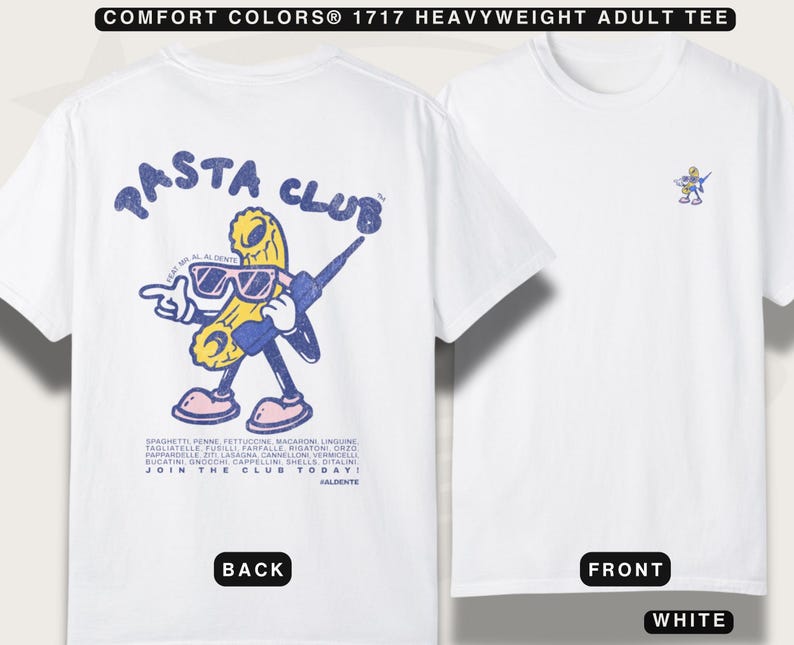 Flat lay of the white pasta graphic tee showing the back print and the small chest print. The hand-drawn pasta design features a quirky thug vibe, with retro 80s cellphone and sunglasses. Perfect for foodies and casual style lovers.