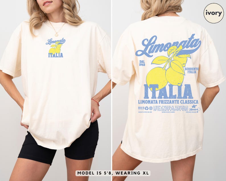 Comfort Colors® ivory t-shirt with large retro lemon back print and chest logo. Inspired by Sorrento, Italy. Model is 5’8”, wearing XL for an oversized look. Ideal summer travel and aesthetic outfit.