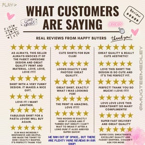 May include: A graphic featuring customer reviews with star ratings and text. The reviews praise the quality, design, and fast shipping of the products. Phrases like "Love it!" and "Great quality" are prominent. The shop's Instagram handle is visible.