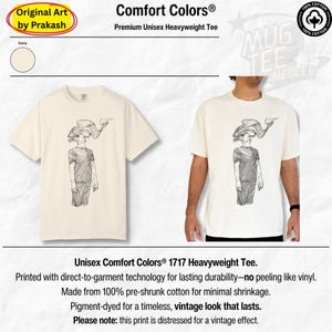 Comfort Colors® ivory graphic T-shirt with Prakash’s hand-drawn line-art figure; product card showing color ivory and on-body view of the heavyweight 100% cotton tee with a vintage look.