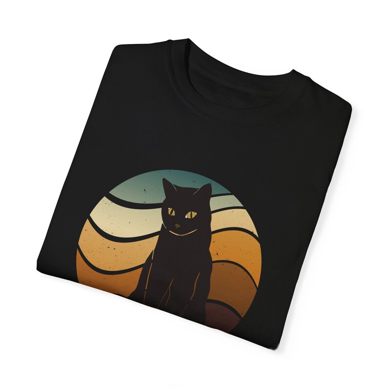 Retro Sunset Black Cat Tee Shirt Vintage Cats and 70s Fashion Inspired