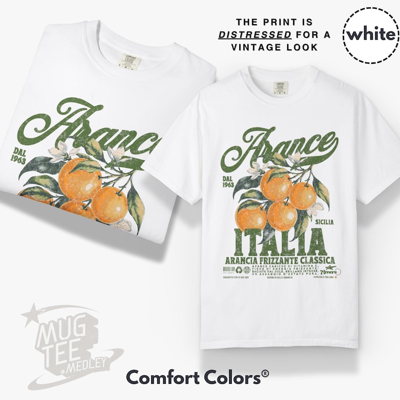 May include: Two white t-shirts with a distressed vintage print. The design features the word "Arance" in green script, oranges, and the word "ITALIA". The text "THE PRINT IS DISTRESSED FOR A VINTAGE LOOK" is at the top.
