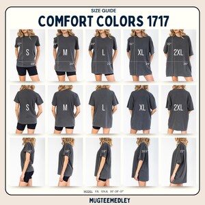 May include: A Comfort Colors 1717 size guide chart displaying charcoal grey t-shirts in sizes S through 2XL. The grid shows front, back, and side views with measurements in inches for length and width, including a model reference of 5'8, 125lb.