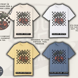 Comfort Colors cherry shirt, checkered design for women and men with a vintage and retro feel to it.