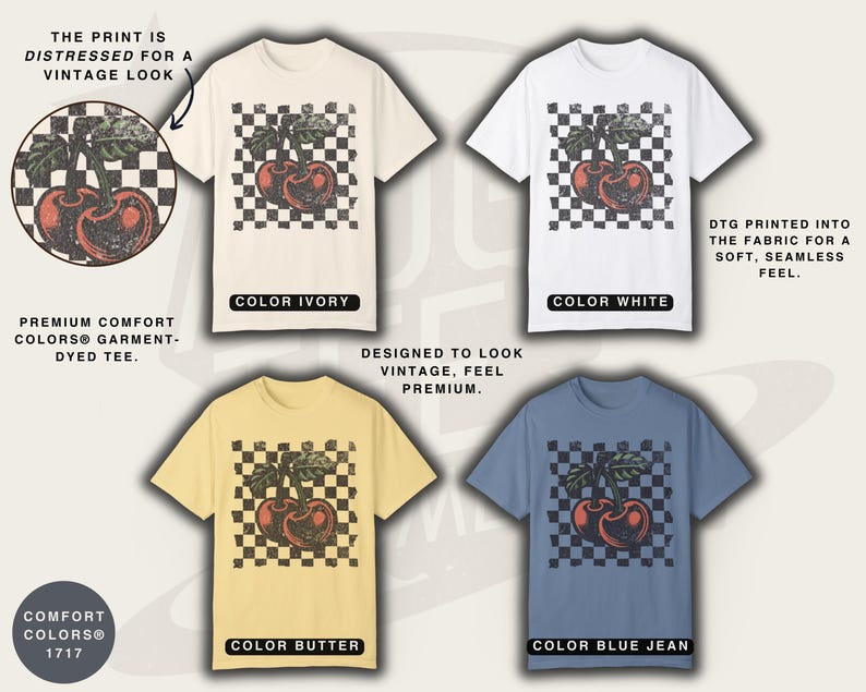 Comfort Colors cherry shirt, checkered design for women and men with a vintage and retro feel to it.