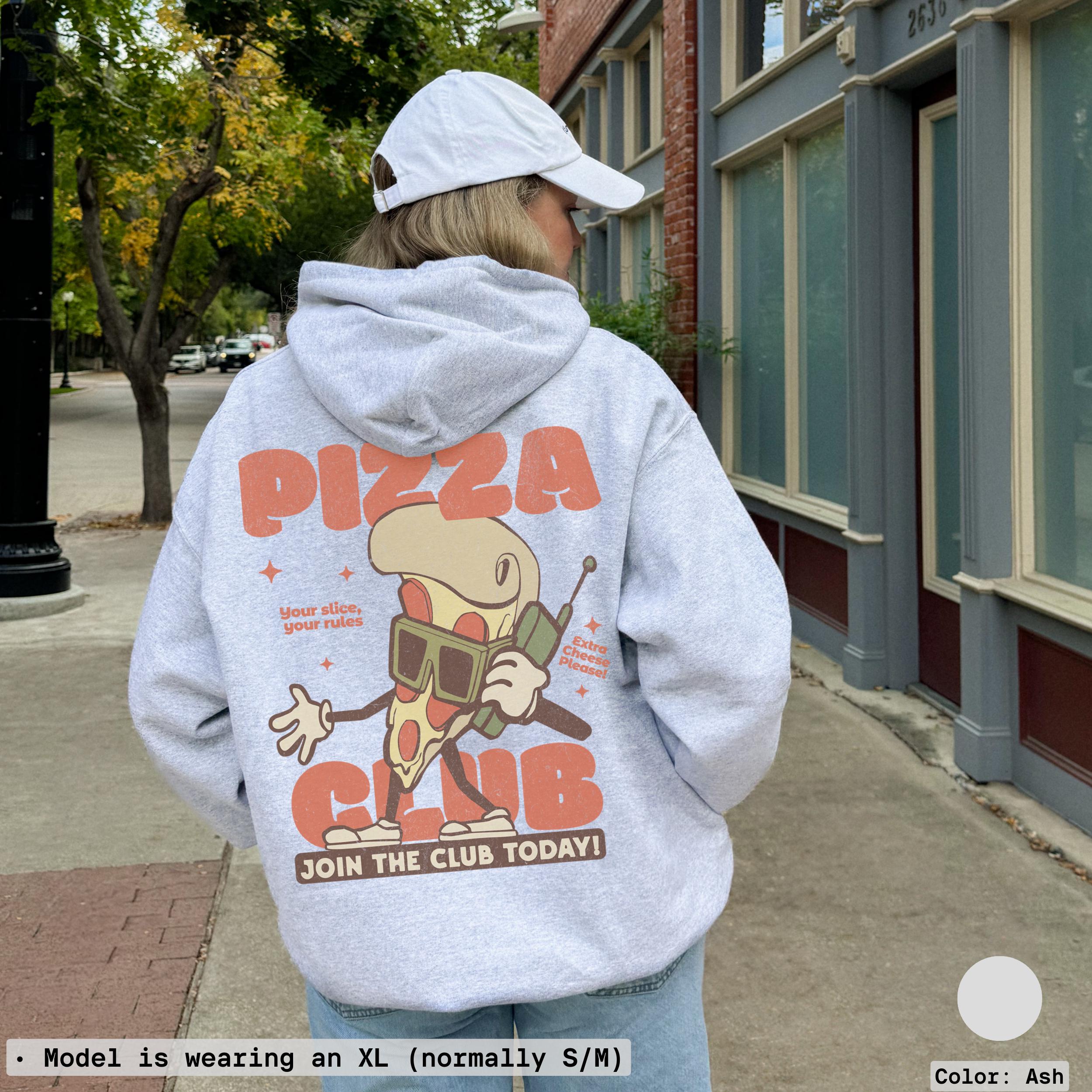 Pizza Hoodie, Hand-drawn Retro Graphic, Chest and Back Print, S
