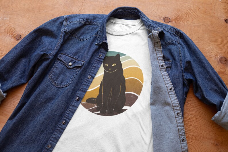 Retro Sunset Black Cat Tee Shirt Vintage Cats and 70s Fashion Inspired