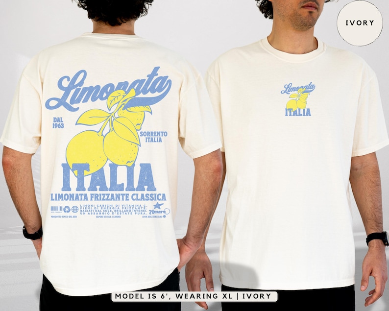Model wearing ivory Comfort Colors® t-shirt with small front chest print and bold lemon-themed Italian back print. Retro graphic tee inspired by Sorrento and Amalfi Coast. Model is 6’, wearing size XL.
