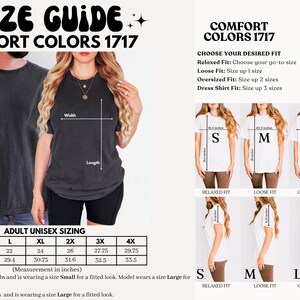 May include: Size guide for unisex t-shirts in various sizes, from small to 4XL. The chart shows width and length measurements in inches. The guide also includes information about different fits, such as relaxed, loose, oversized, and dress shirt fit.