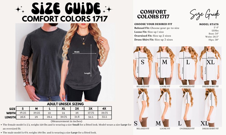 May include: Size guide for unisex t-shirts in various sizes, from small to 4XL. The chart shows width and length measurements in inches. The guide also includes information about different fits, such as relaxed, loose, oversized, and dress shirt fit.