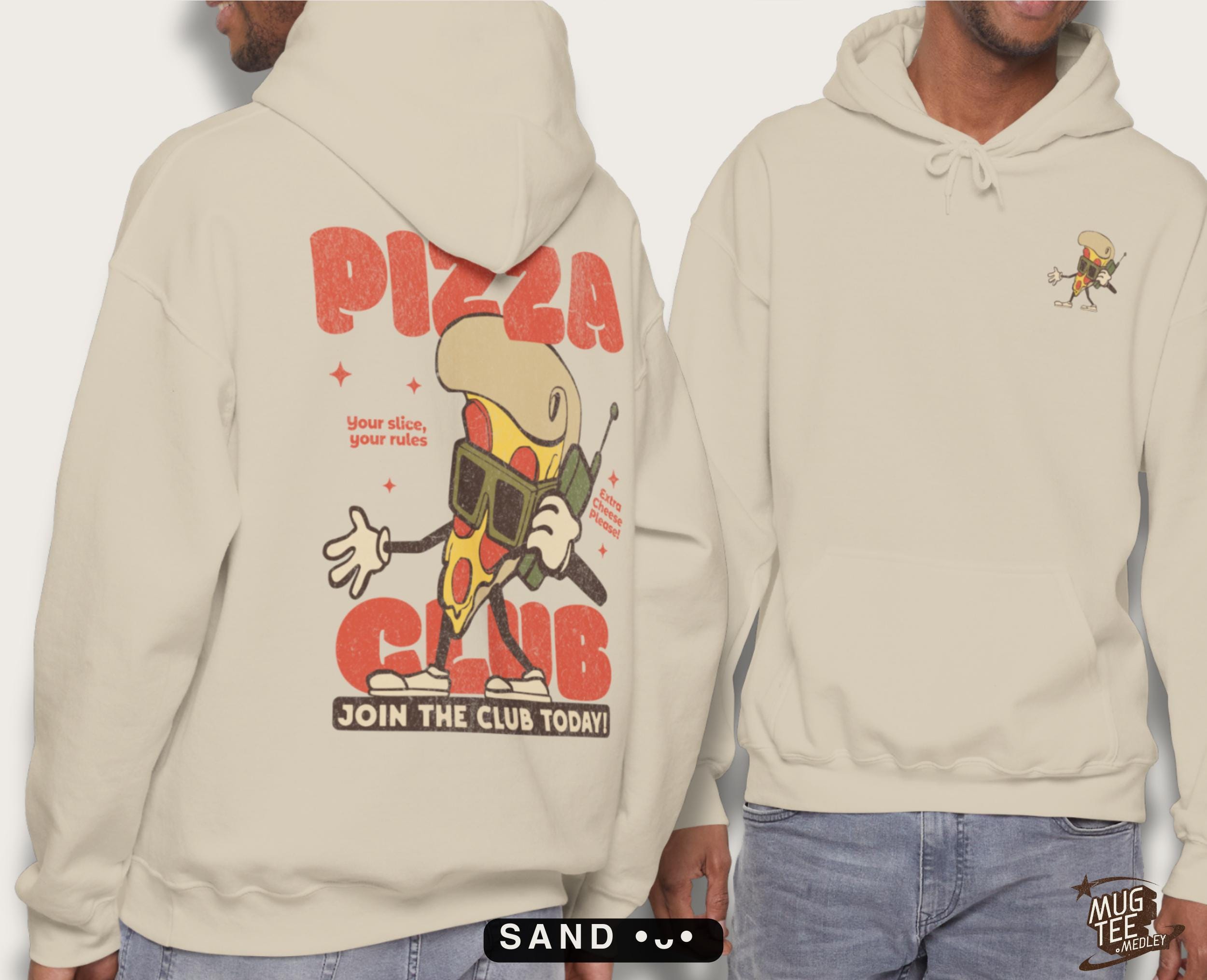 Pizza Hoodie, Hand-drawn Retro Graphic, Chest and Back Print, S