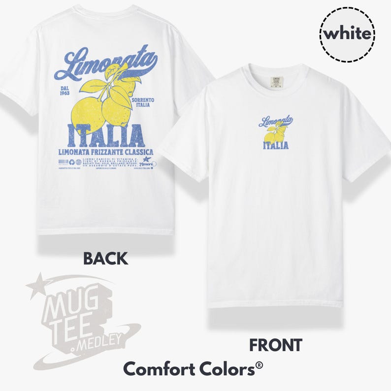 May include: White t-shirt with a graphic of lemons and the text "Limonata Italia" in blue and yellow. The back of the shirt features a larger design with additional text, including "Sorrento Italia".