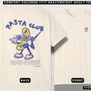 Flat lay of ivory vintage white tee with back print of hand-drawn pasta design. The unique graphic and cozy Comfort Colors® fabric make this shirt perfect for casual outings or lounging at home.