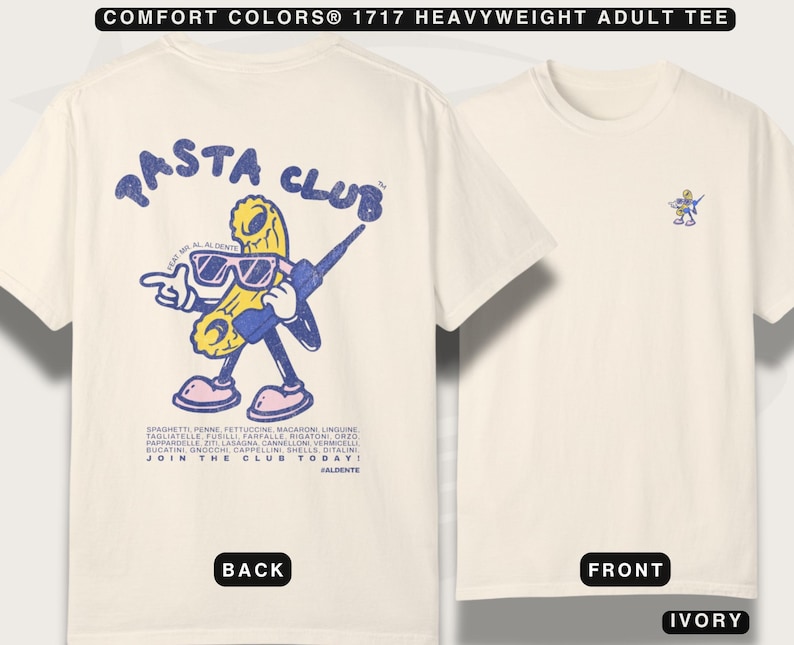 Flat lay of ivory vintage white tee with back print of hand-drawn pasta design. The unique graphic and cozy Comfort Colors® fabric make this shirt perfect for casual outings or lounging at home.