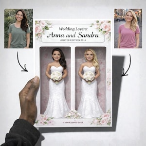 Puede incluir: Un recuerdo de boda de edición limitada con dos figuras de novias con vestidos de encaje blanco, sosteniendo ramos. La caja dice "Wedding Lovers: Anna and Sandra" con "ESTABLISHED 2015".