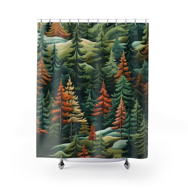 Northwoods Shower Curtain | Retro Pine Trees | Cottagecore Cabin Shower Curtain | Botanical Forest Bath Decor | Bohemian Vintage