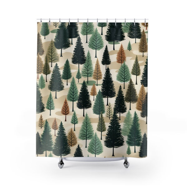 Northwoods Shower Curtain | Retro Pine Trees | Cottagecore Cabin Shower Curtain | Botanical Forest Bath Decor | Bohemian Vintage