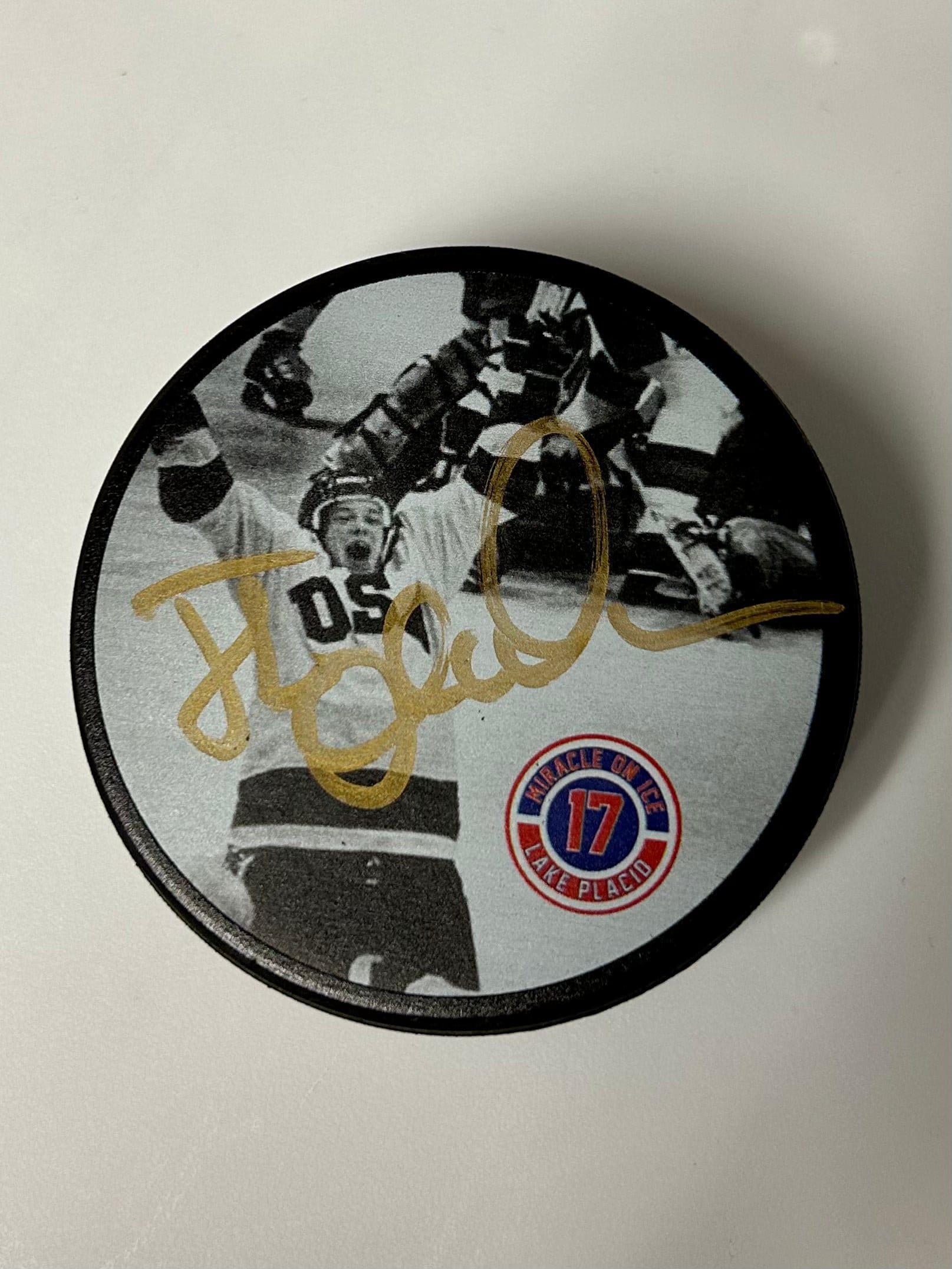 Miracle on Ice 1980 USA Hockey Team Lake Placid Jack O'Callahan Signed Gold Medal Podium Celebration Official Photo 16x20