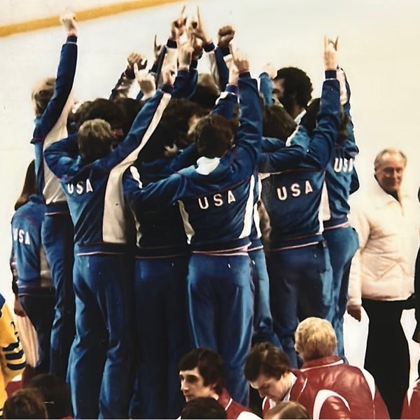 Miracle on Ice 1980 USA Hockey Team Lake Placid Gold Medal Podium Celebration Official Photo