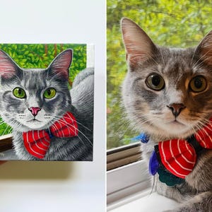 May include: A painting and a photograph of a gray cat with green eyes and a red and white striped bow tie. The painting is on a small canvas with a green background. The cat in the photograph is looking at the camera.
