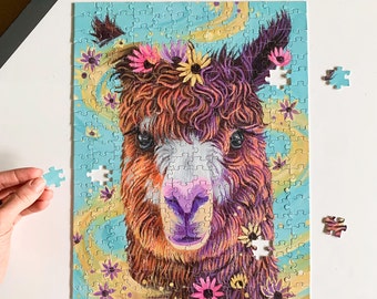 Llama with Flowers Puzzle, Jigsaw Puzzle, Llama Puzzle, Daisy Llama Painting, Daisy Painting, Colorful Llama Art, Gift for Mom, Mothers Day