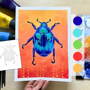 May include: A vibrant painting of a blue beetle with iridescent highlights against an orange and red gradient background. A color palette with blue, turquoise, green, red, and orange is displayed. Acrylic paint tubes and a line drawing of the beetle are also visible.