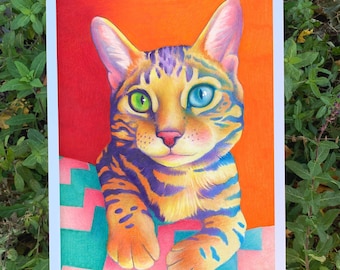 Lámina artística de un colorido gato bengalí, regalo para amantes de los gatos, gatito acogedor, felino amigable.