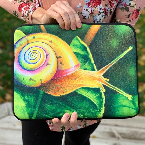 Rainbow Snail Laptop Sleeve, Durable Laptop Case, Rainbow Snail, Colorful Snail Painting, Snail, Snail on Leaf, Rainbow Shell, Laptop Cover