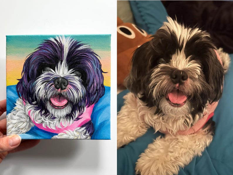 May include: A canvas painting of a Shih Tzu dog with black and white fur, a pink collar, and a pink tongue. The background transitions from yellow to blue. The dog's portrait is held by a person.