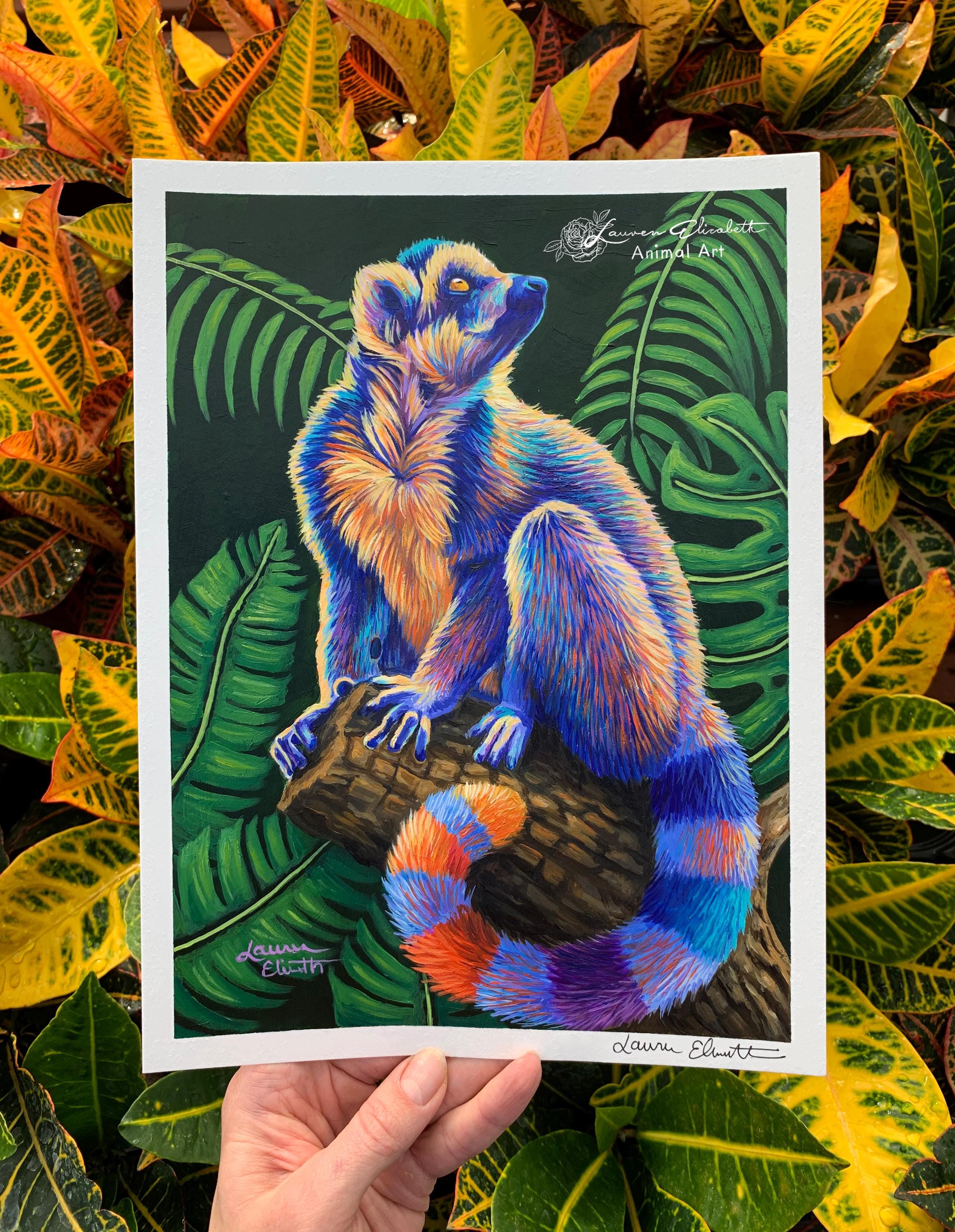 Colorful Ring-tailed Lemur Print, Rainbow Tail Lemur Print