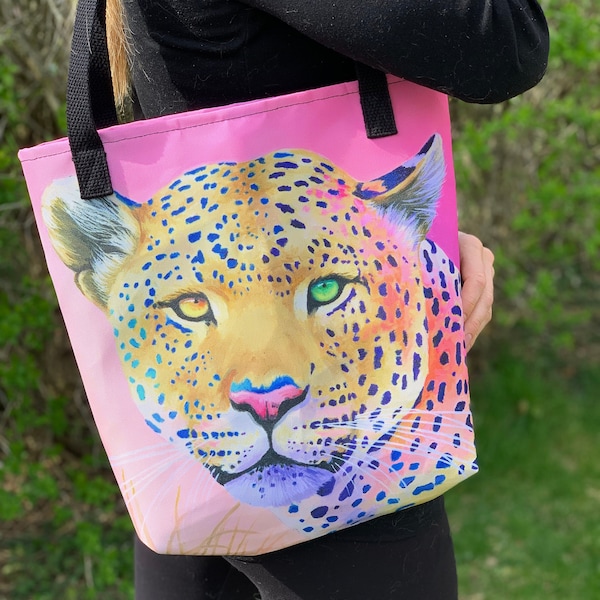 Pink Jaguar Tote Bag, Colorful Jaguar Bag, Pink Jaguar, Pink Tote Bag, Beach Bag, Jaguar Handbag, Colorful Handbag, Hot Pink Bag