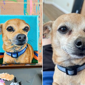 May include: A canvas painting of a small tan dog with a blue collar. The dog has dark eyes and a black nose. The background is a bright turquoise color. The painting is on a small canvas.