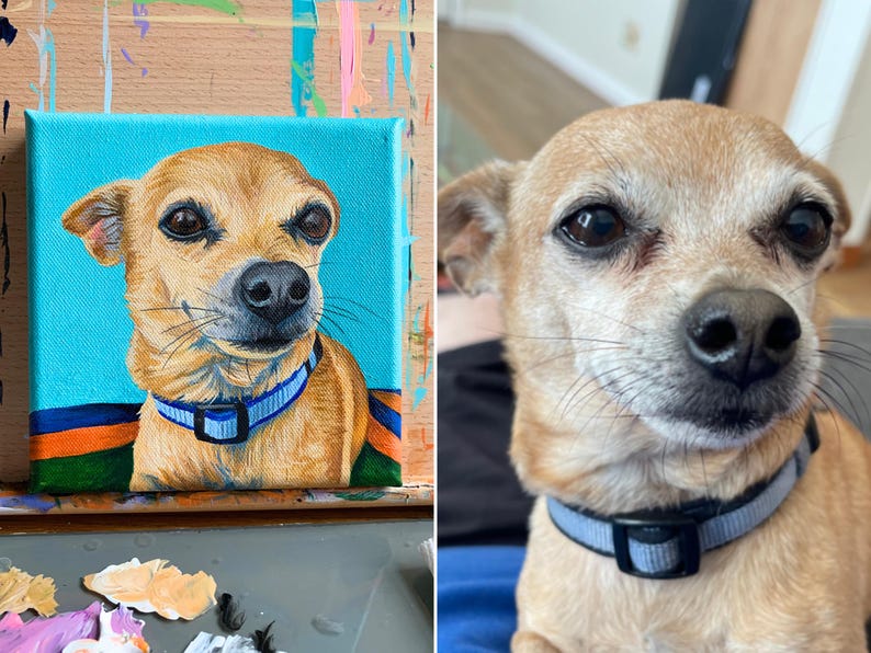 May include: A canvas painting of a small tan dog with a blue collar. The dog has dark eyes and a black nose. The background is a bright turquoise color. The painting is on a small canvas.