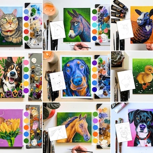 May include: A collection of colorful animal paintings, including a cat, donkey, sheep, dog, duckling, mouse, and horse. Each painting is accompanied by a paint palette and a line drawing of the subject. The artworks are displayed on small canvases.