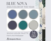 Blue Nova Benjamin Moore Color Palette, 2024 Color of the Year Home Paint Scheme, Moody Paint Colors, Blue Paint for Walls, Blue Gray Paint