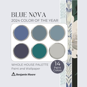 Blue Nova Benjamin Moore kleurenpalet, 2024 kleur van het jaar huisverfschema, humeurige verfkleuren, blauwe verf voor muren, blauwgrijze verf