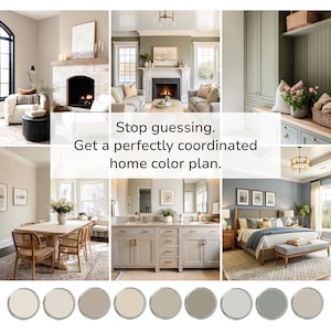 May include: A collage of interior design scenes showcasing various rooms with coordinated color schemes. The image includes living rooms, a dining area, a bathroom, and a bedroom. Text reads: "Stop guessing. Get a perfectly coordinated home color plan."